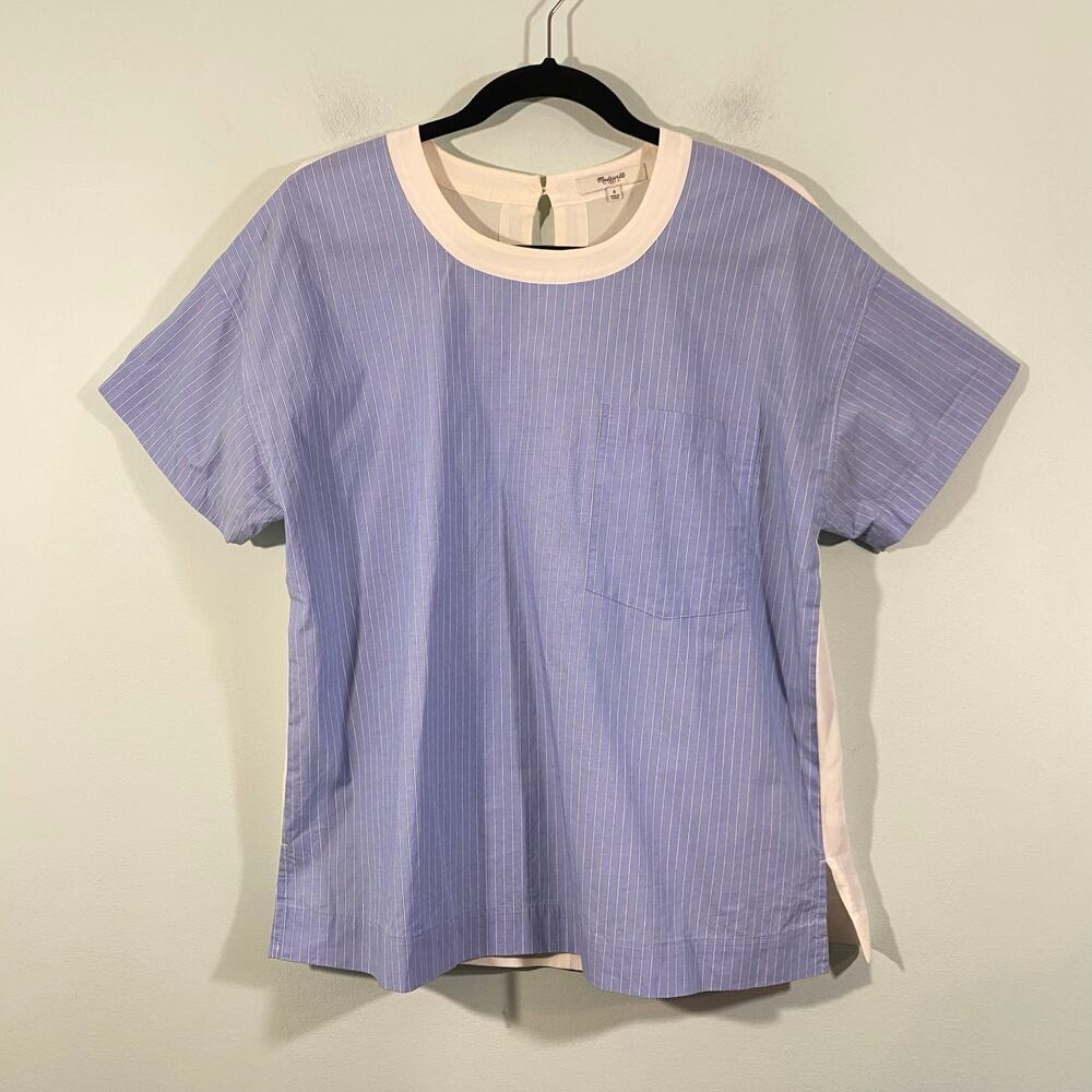 Madewell Women Blue Poplin Contrast White Silk Back Popover Blouse Size S #C7455